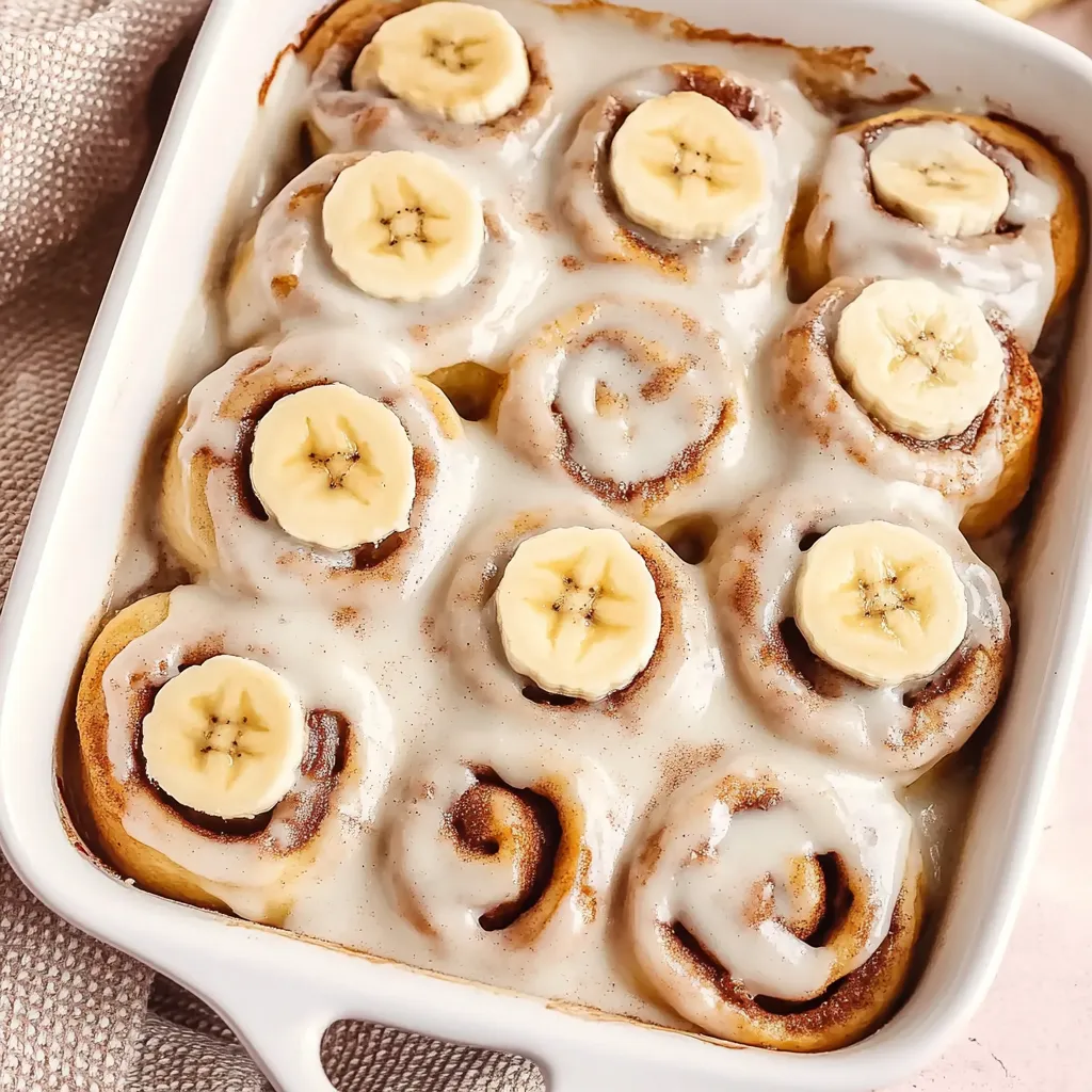 Eine weiße Schale voll Bananenstücken und Zimtschnecken.