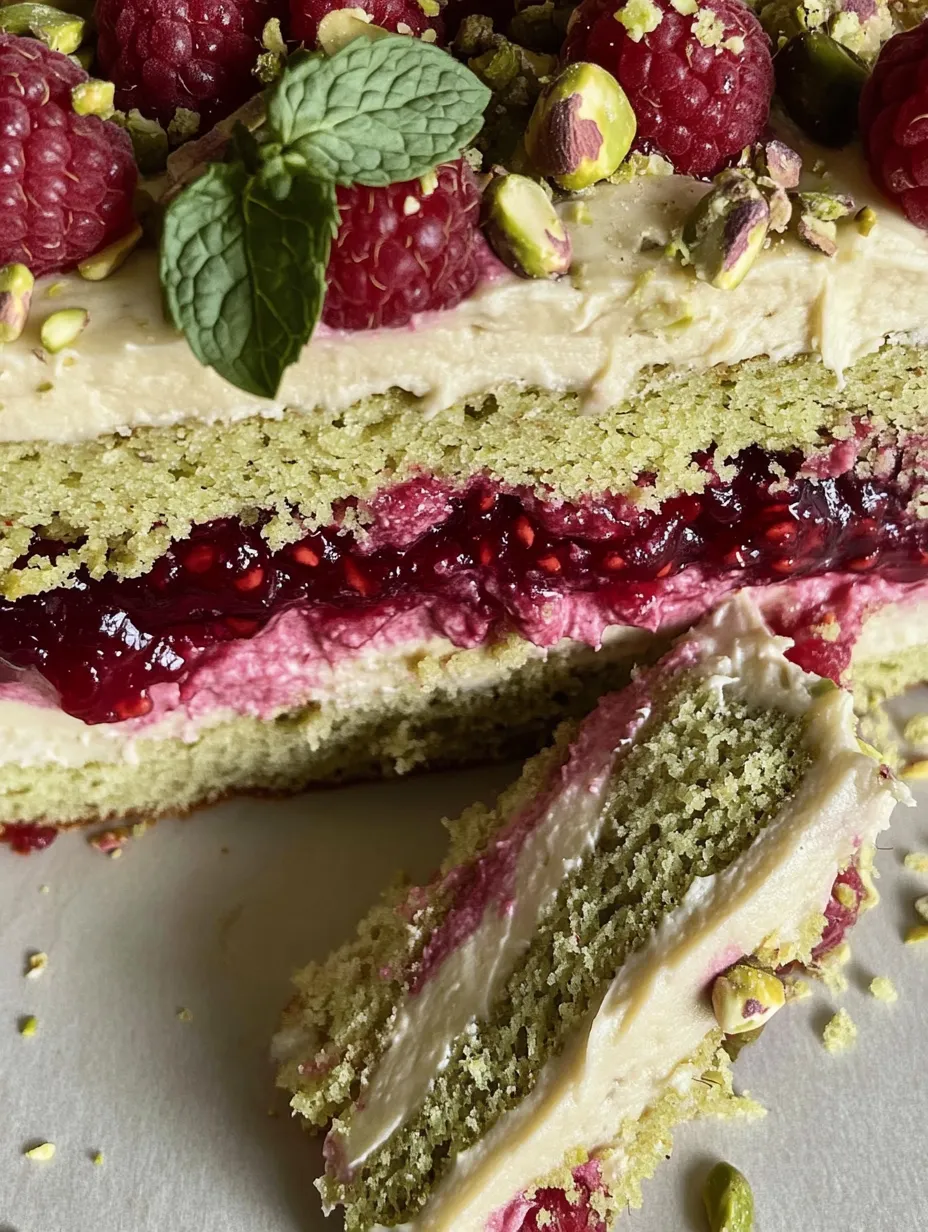 Ein Stück Kuchen mit Himbeeren und Minze.