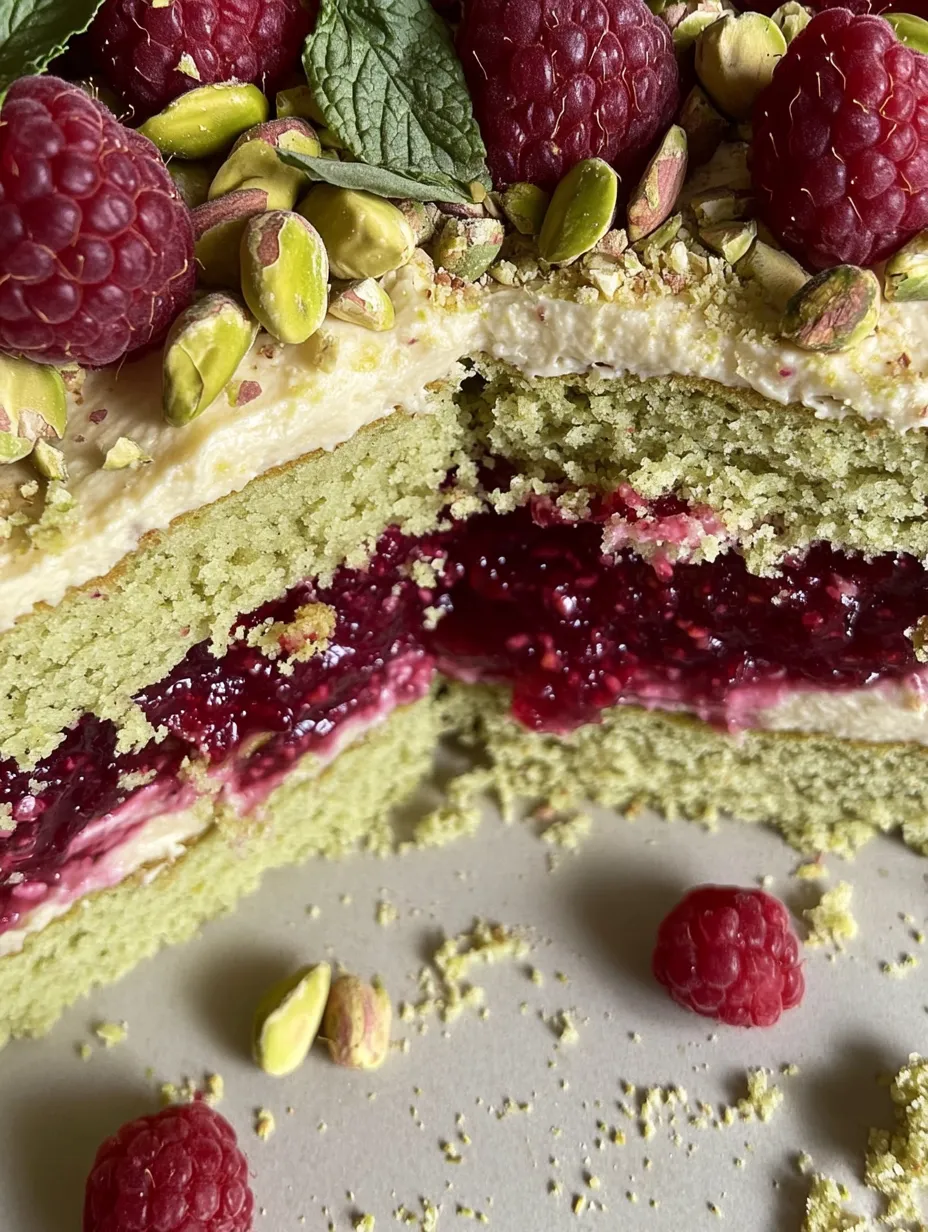 Ein Stück Kuchen mit Himbeeren und Mandeln.