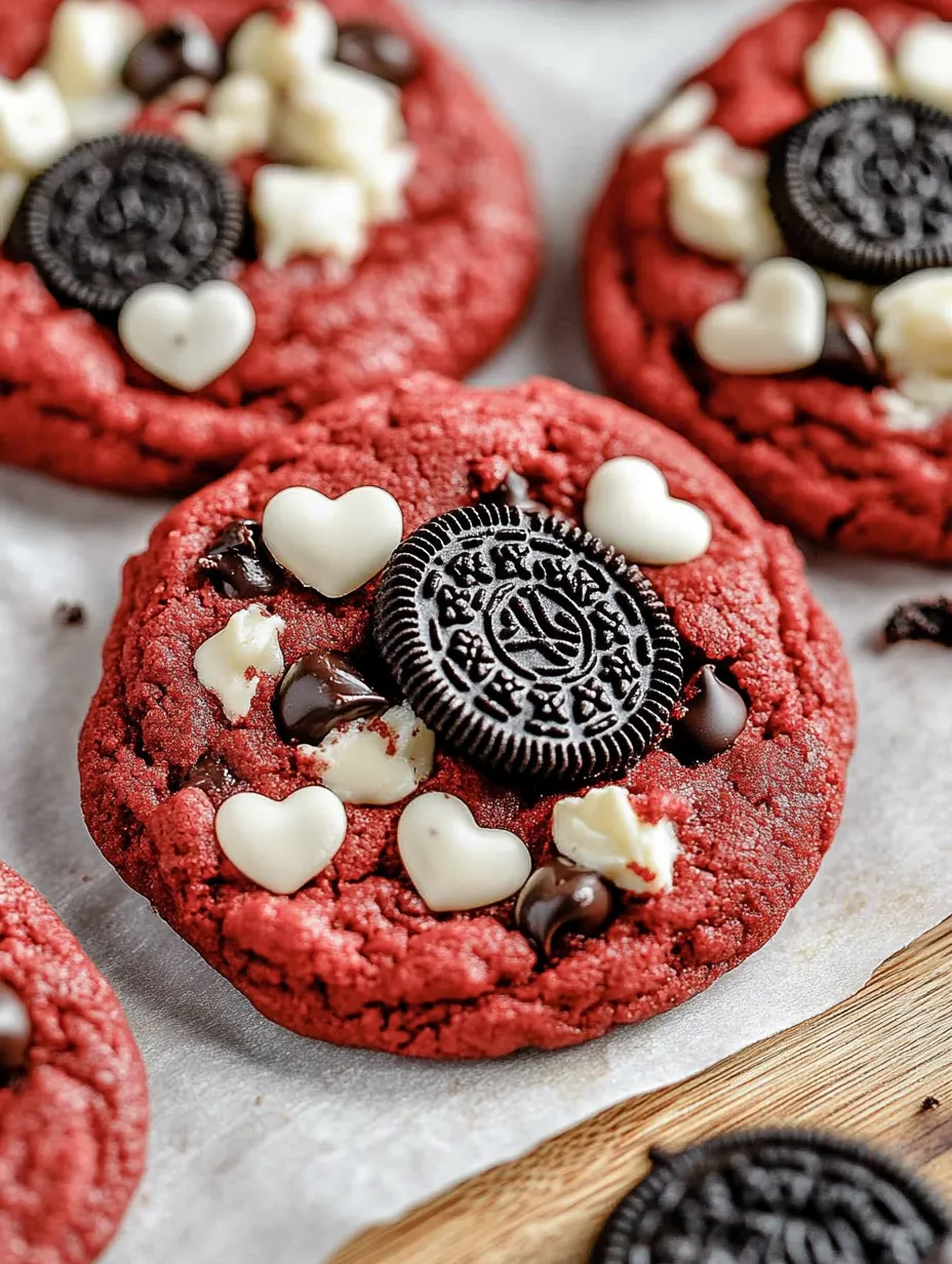 Ein roter Keks mit weißen Herzen und einer Oreo-Keksstückchen.