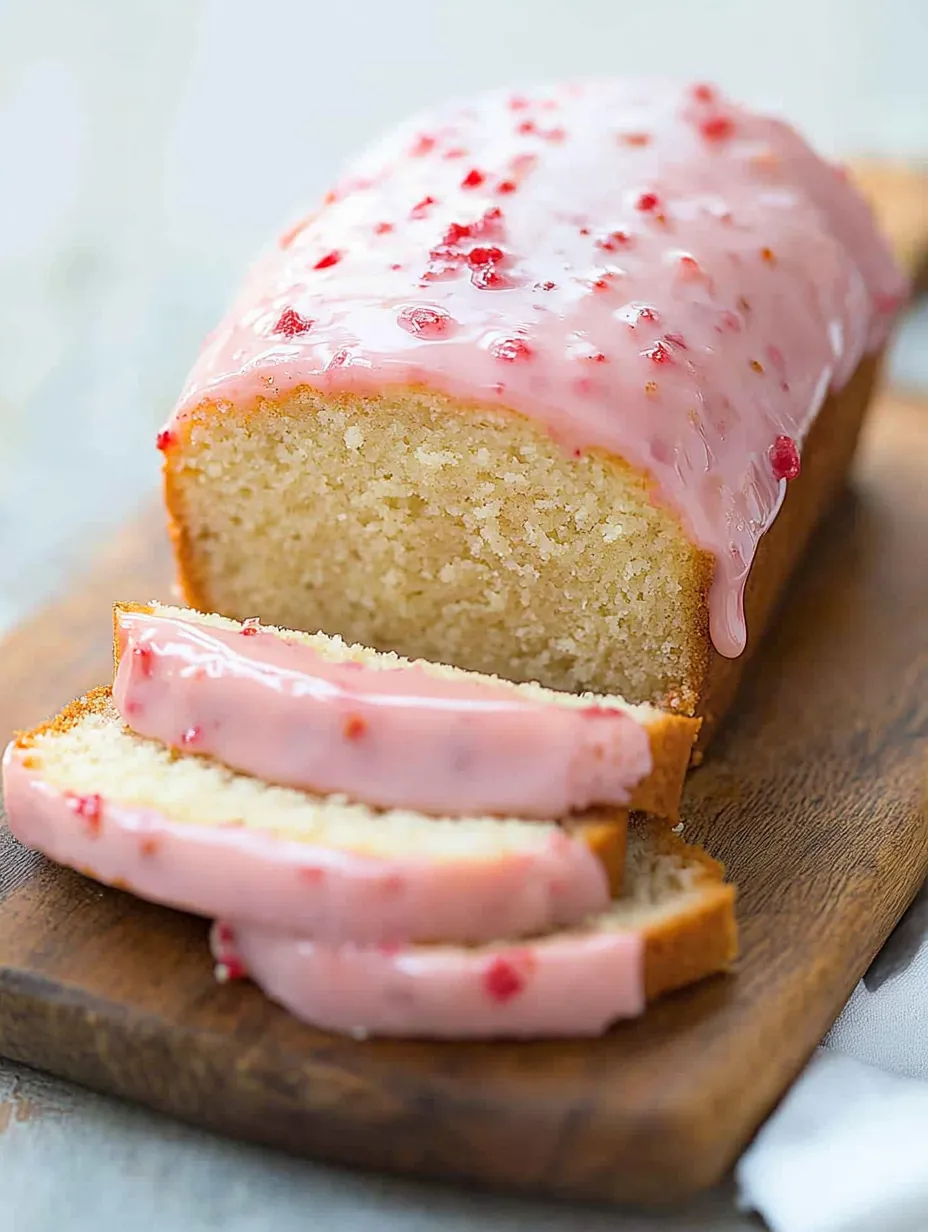 Ein Stück rosa Kuchen mit weißem Guss.