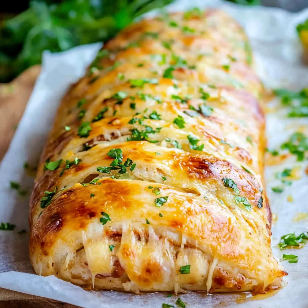 Ein Pizzabrot gefüllt mit Käse und Kräutern liegt auf einem weißen Teller.