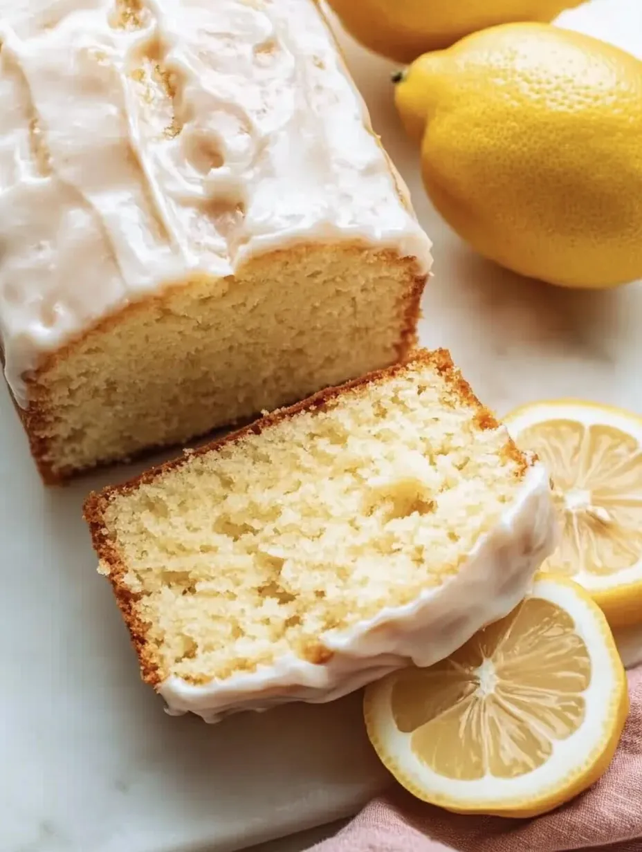 Ein Stück Zitronenkuchen mit einer Zitronenscheibe daneben.