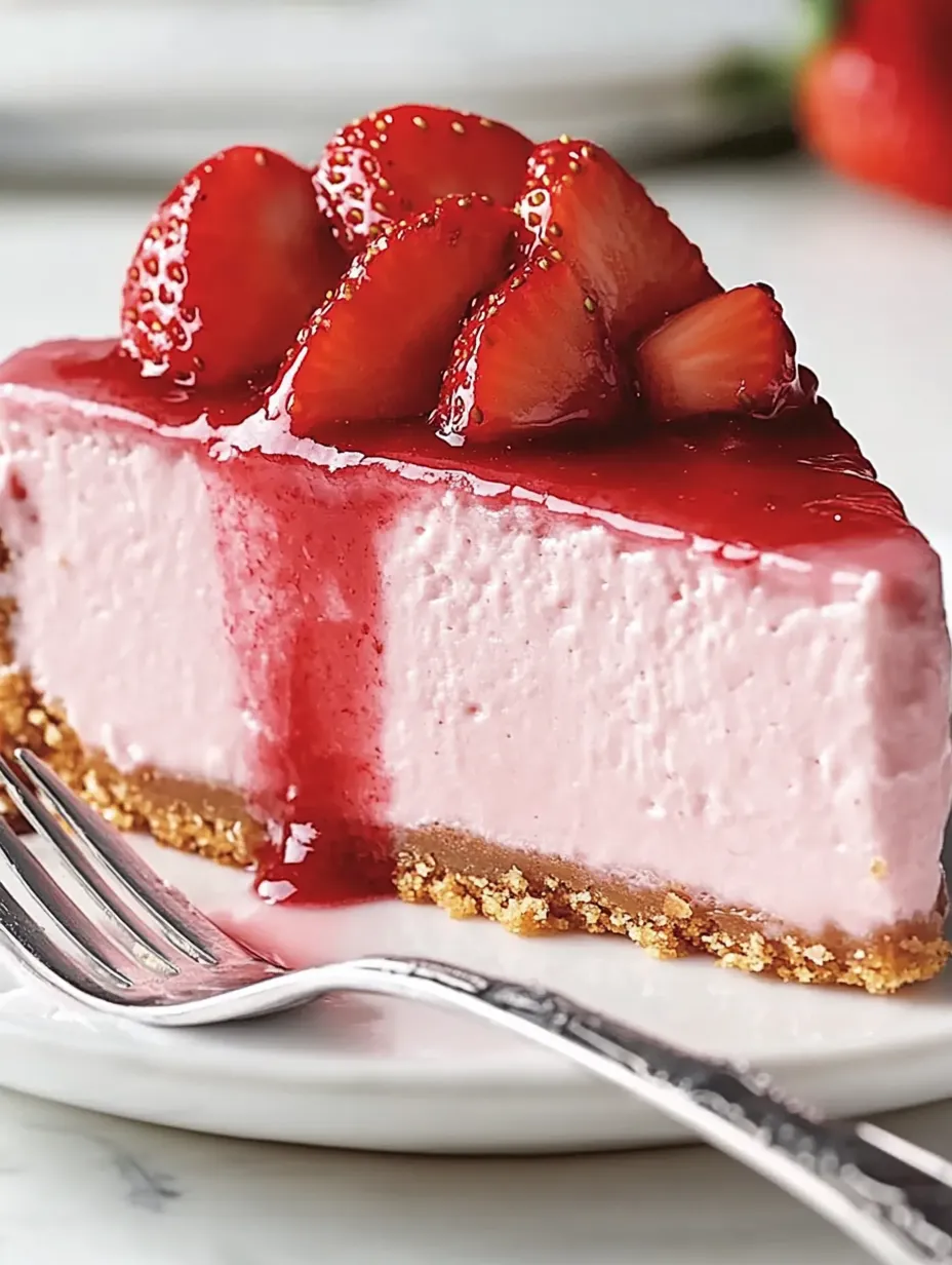 Ein Stück pinkfarbener Kuchen mit Erdbeeren obendrauf.