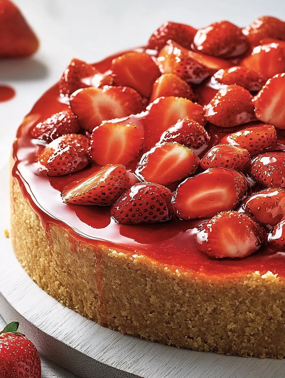 Ein Stück Käsekuchen mit Erdbeeren oben drauf.