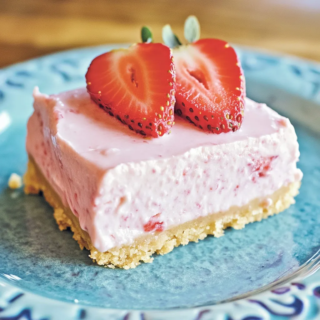 Ein Stück rosa Kuchen mit Erdbeeren obendrauf.