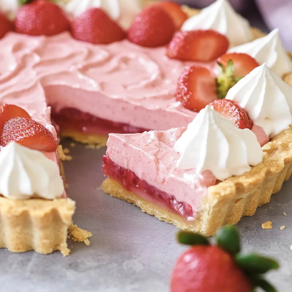 Ein Stück rosafarbene Torte mit Erdbeeren obendrauf.