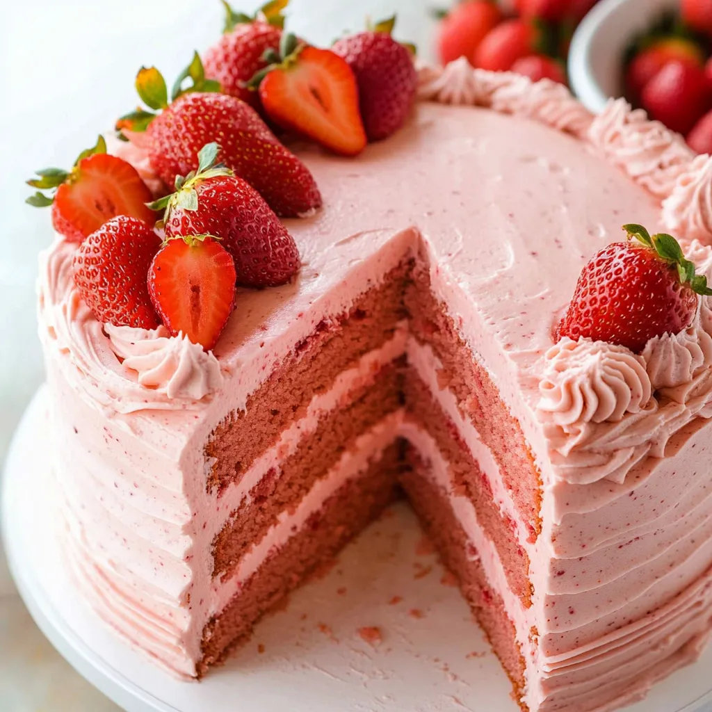 Ein Stück Erdbeerkuchen mit frischen Erdbeeren obendrauf.
