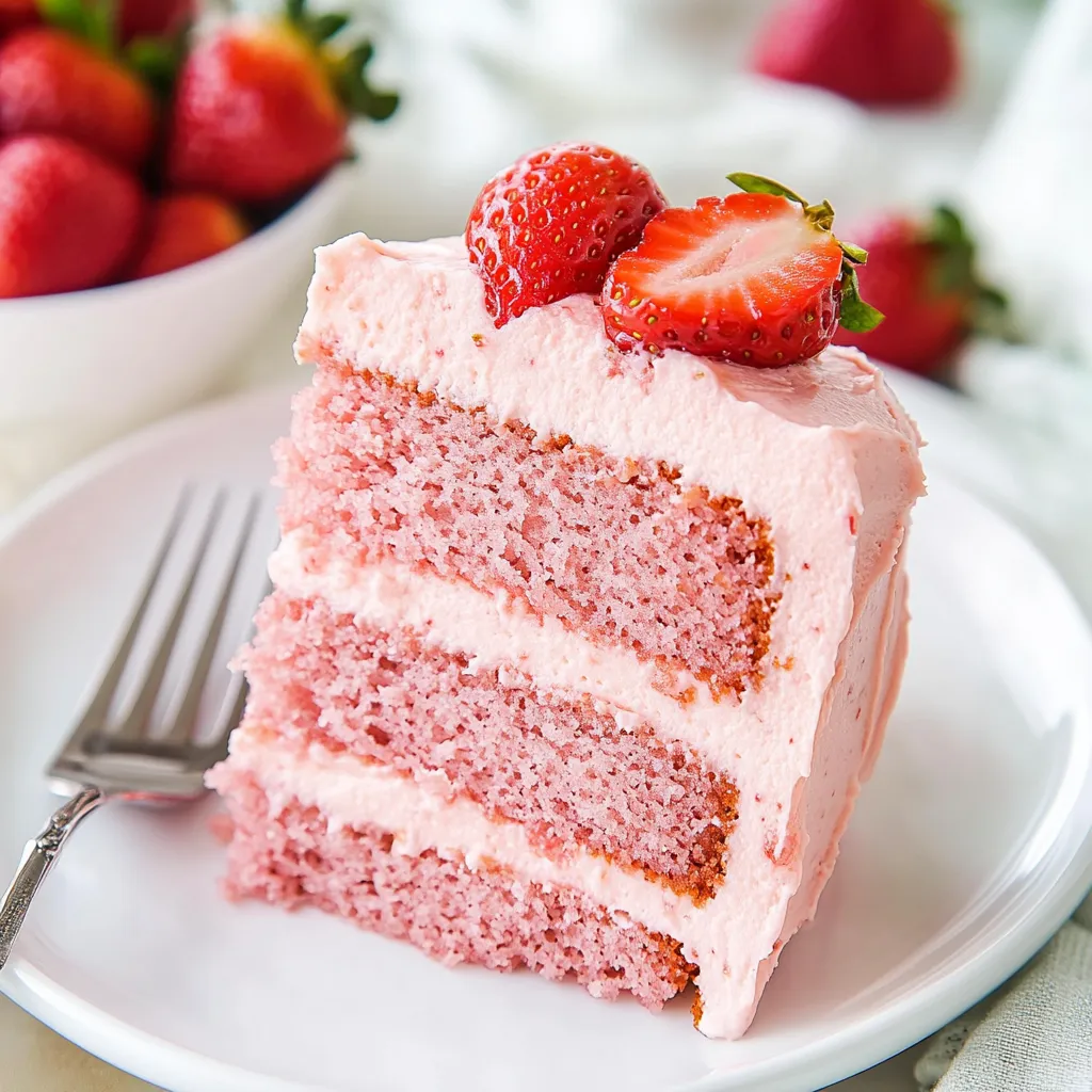 Ein Stück rosafarbener Kuchen mit Erdbeeren oben drauf.