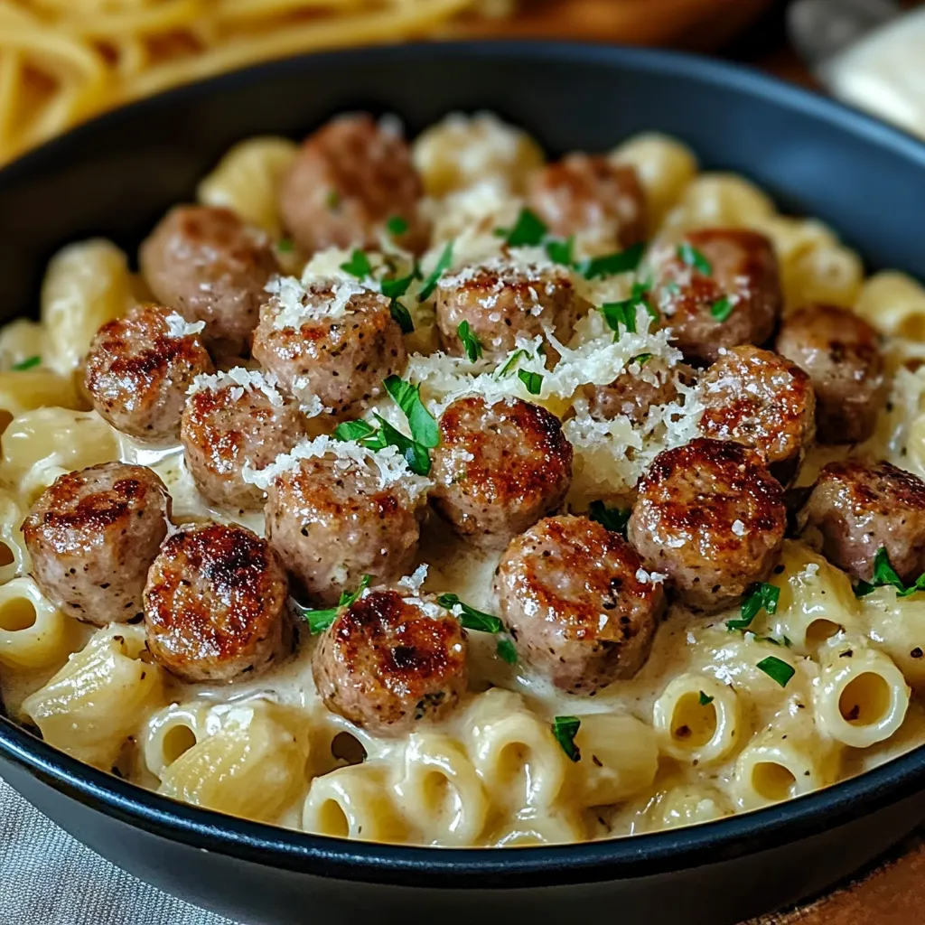 Eine Schüssel Nudeln mit Wurstbällchen und Käse.