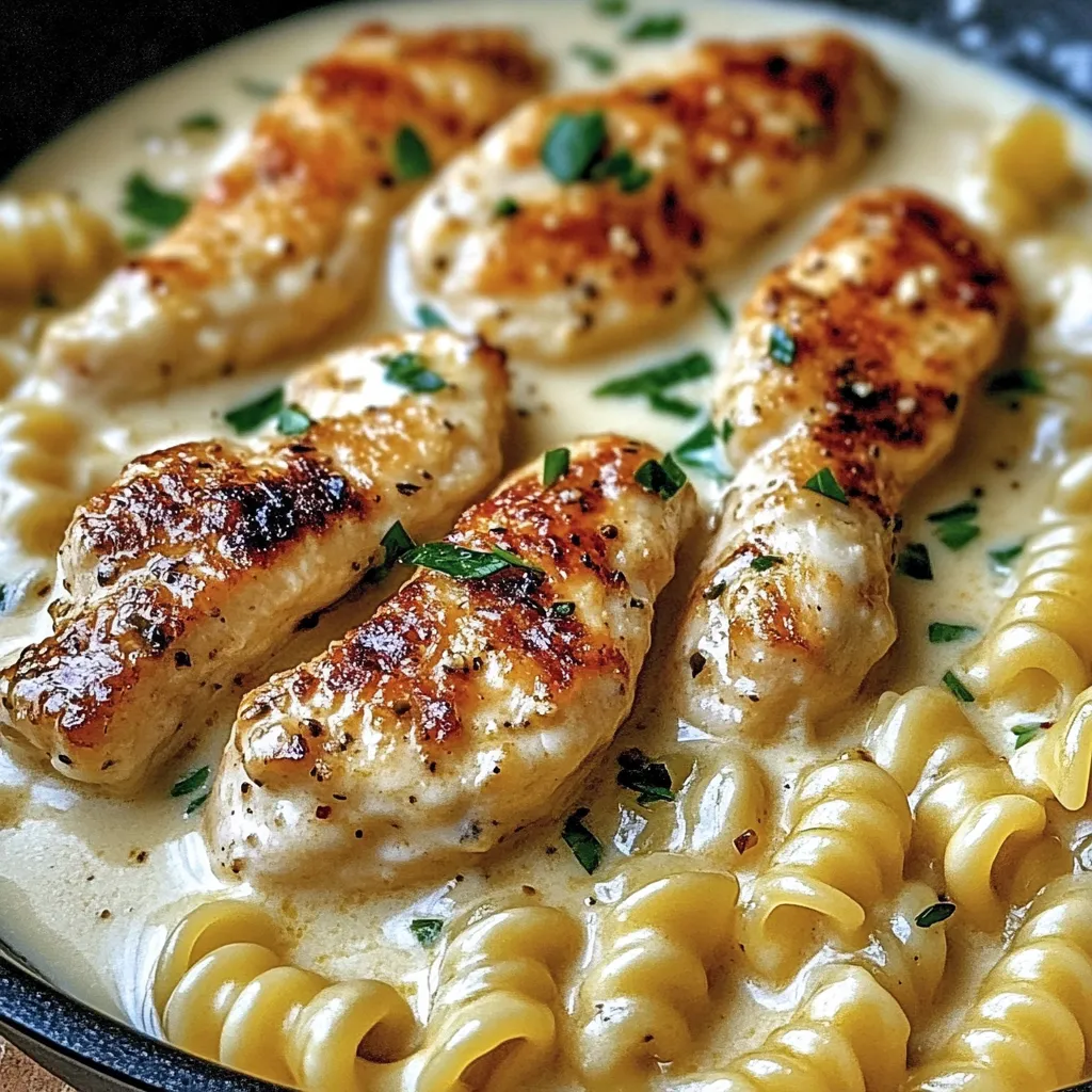Eine Schüssel Pasta mit Hähnchen und Kräutern.