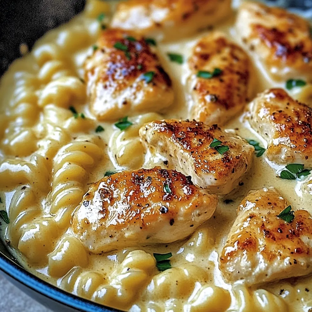 Eine Schale Hähnchen mit Nudeln.