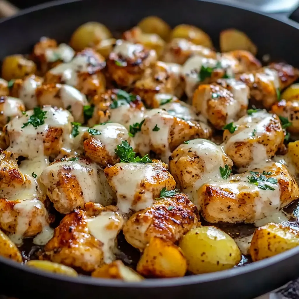 Eine Pfanne voll Hähnchen und Kartoffeln.