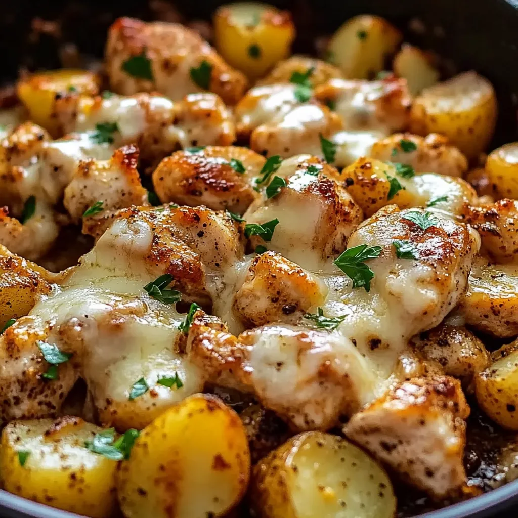 Ein Teller mit Hähnchen und Kartoffeln.