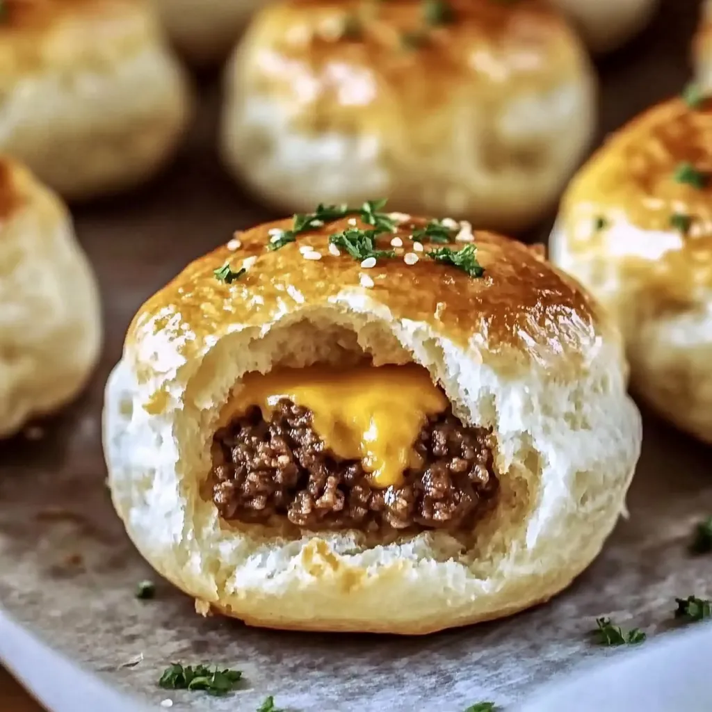 Ein Teller mit lockeren Brötchen und Fleischfüllung.