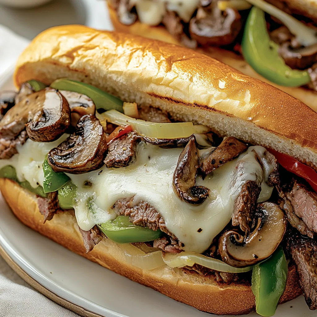 Ein Sandwich mit Rindfleisch, Pilzen und knackiger Paprika.
