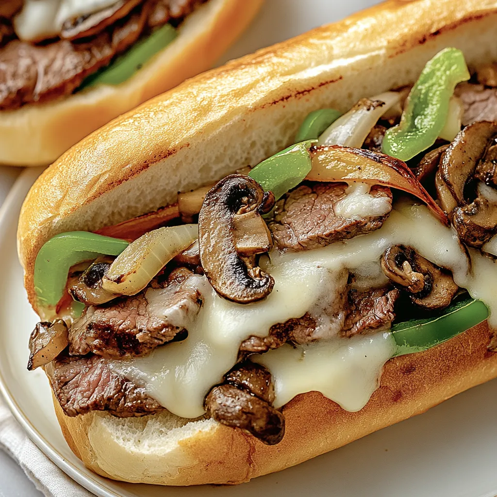 Ein aufgeschnittenes Sandwich mit saftigem Fleisch und Champignons.