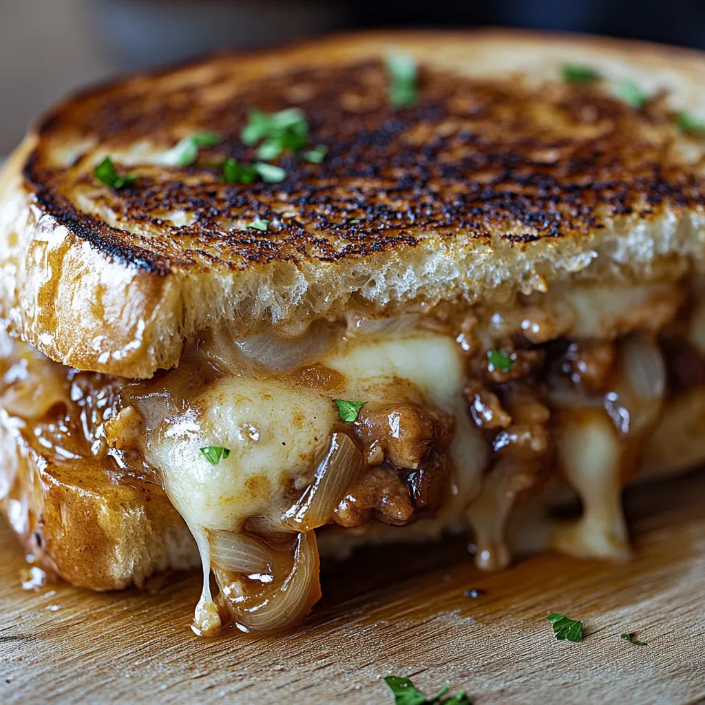 Ein Sandwich mit geschmolzenem Käse und Zwiebeln.