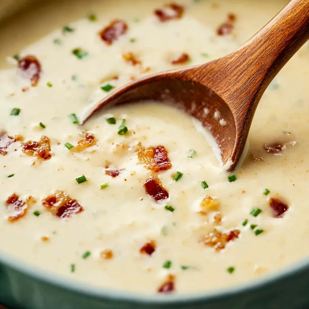 Ein Holzlöffel steckt in einer Schale voller Suppe.