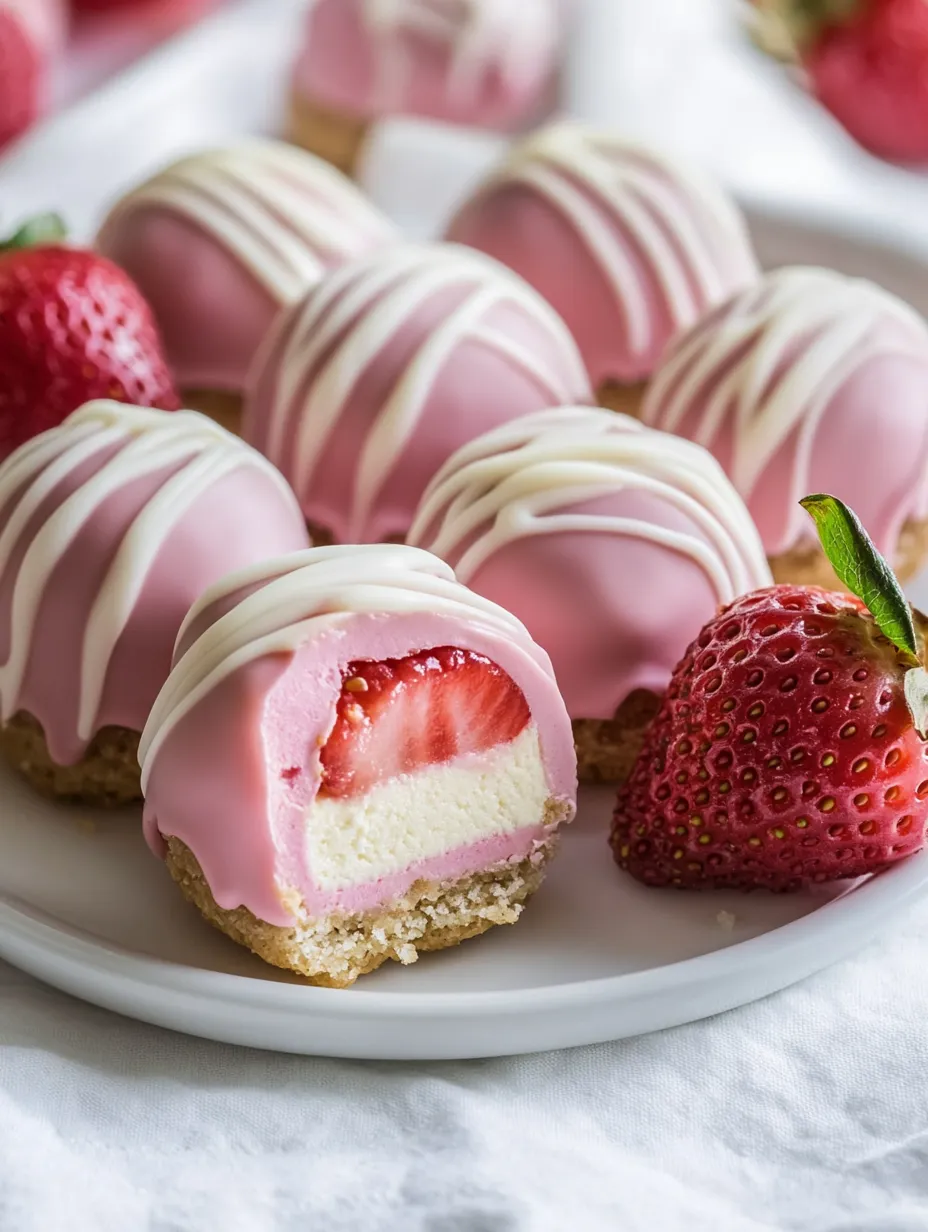 Ein Teller mit rosa-weißen Leckereien und Erdbeeren.