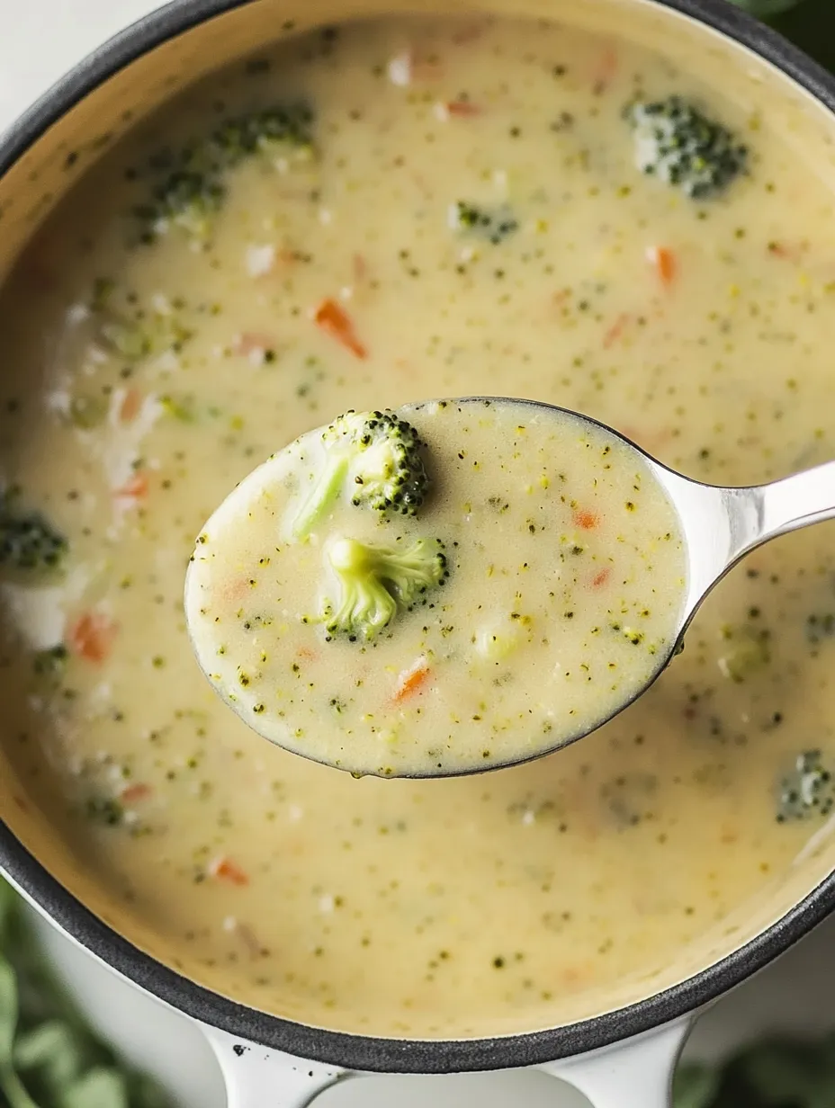 Ein Löffel Suppe mit Brokkoli-Stückchen.