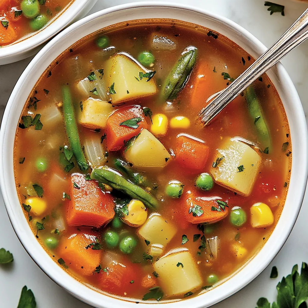 Eine Schale Suppe mit Erbsen, Karotten und Mais.
