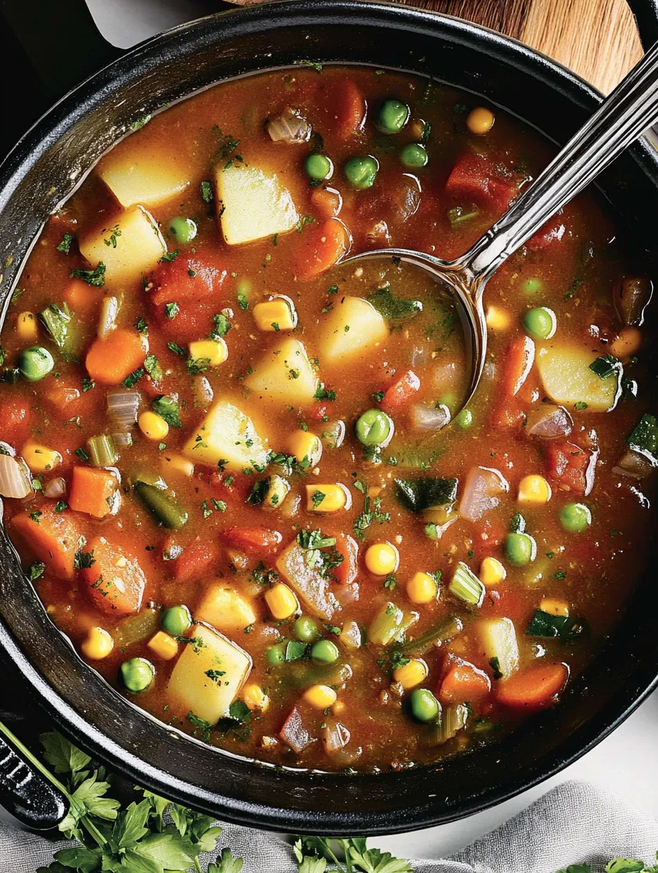 Schale voll Gemüsesuppe mit Löffel.