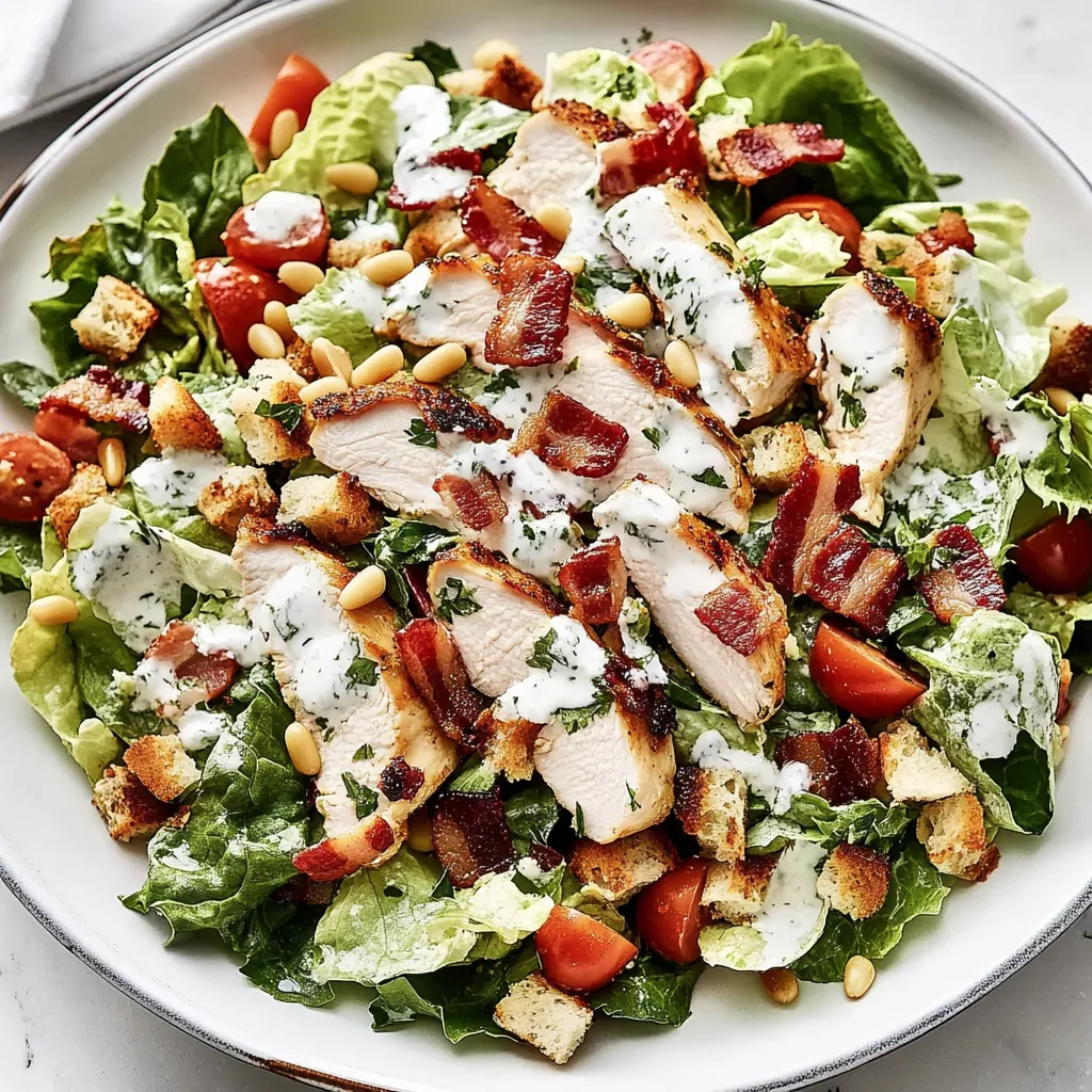 Ein bunter Salat mit Hähnchen, Tomaten, Salatblättern und Speck.