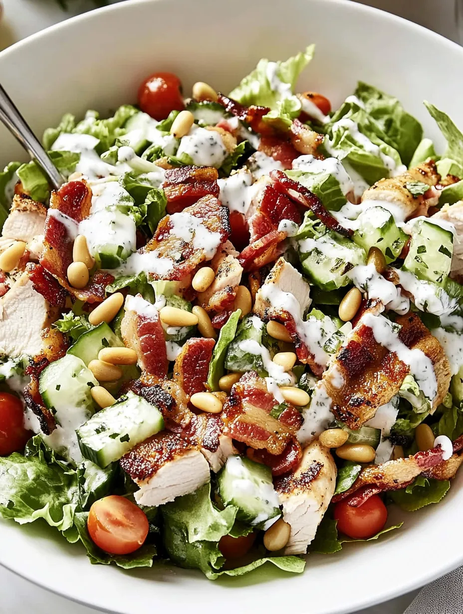 Ein bunter Salat mit Hähnchenstreifen, Bacon, Tomaten und Salatblättern.