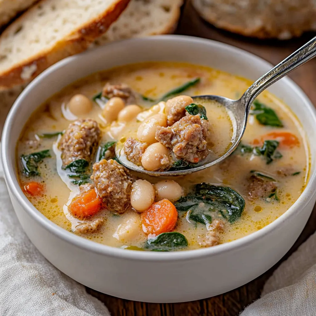 Eine Schale Suppe mit Löffel drin.