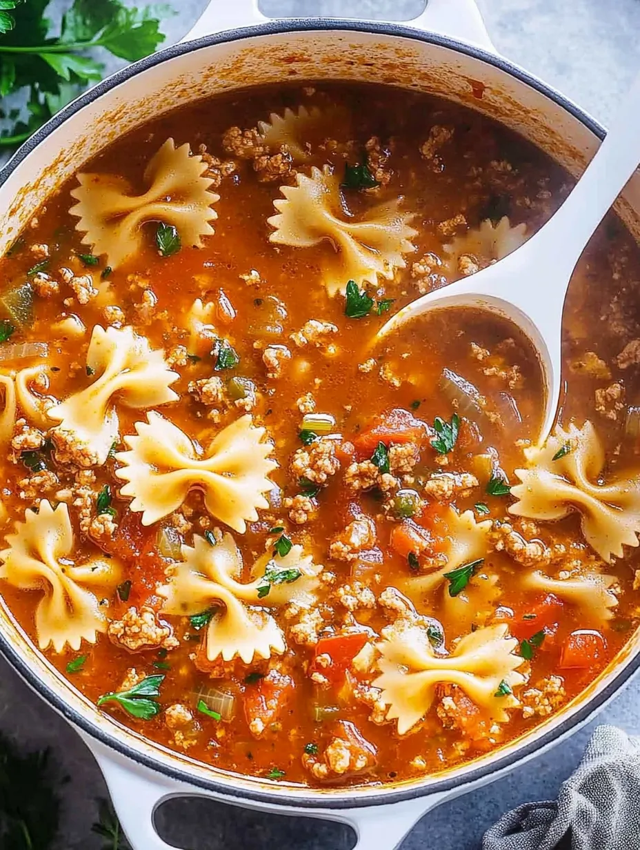 Eine Schale Suppe mit Pasta und Fleisch.