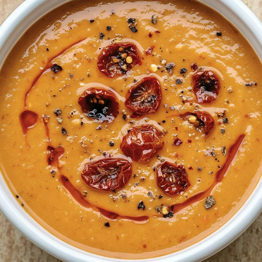 Eine Schüssel Suppe mit Tomatenstücken.
