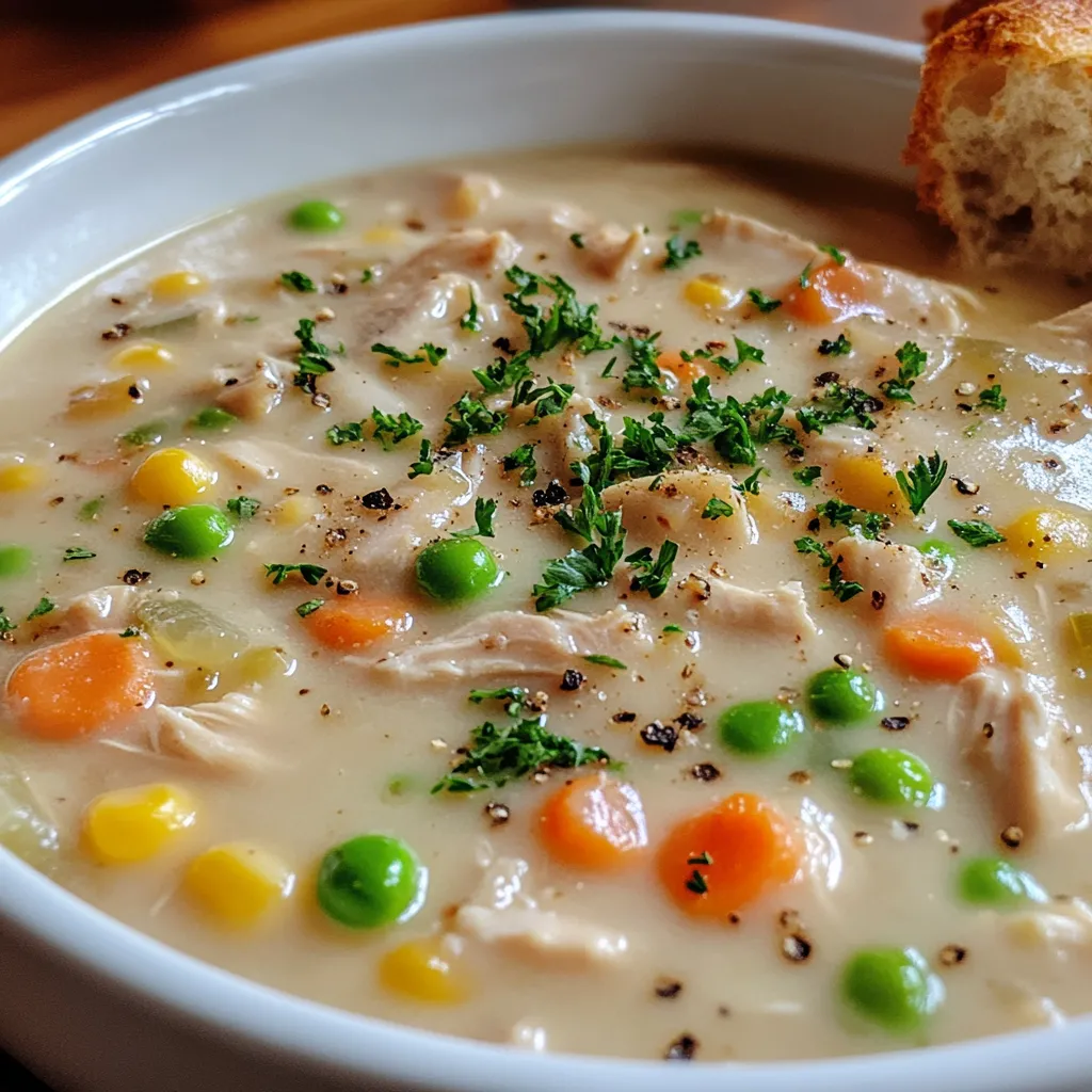 Eine Schale Suppe mit Karotten und Erbsen.