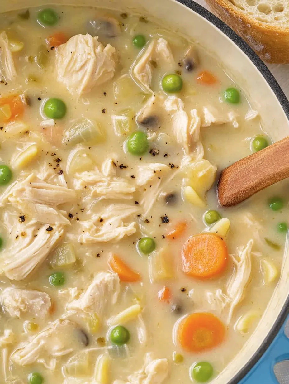 Eine Schüssel Suppe mit Hähnchen und Erbsen.