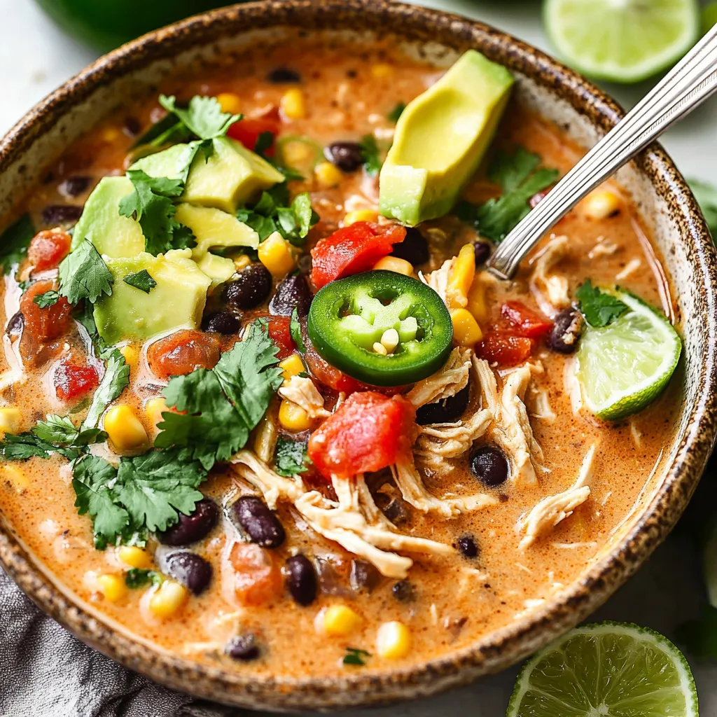 Eine Schüssel Suppe mit Huhn, Avocado, Tomaten und Limette.