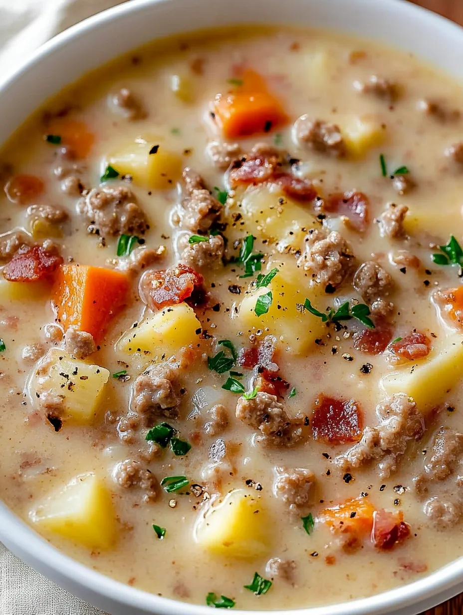 Eine Schale Suppe mit Fleisch und Gemüse.