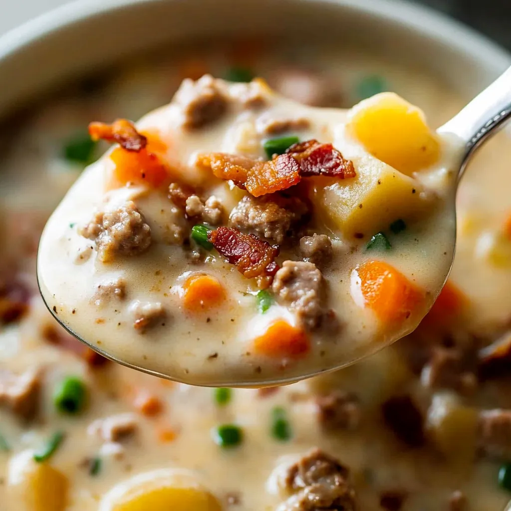 Ein Löffel steckt in einer Schale Suppe.