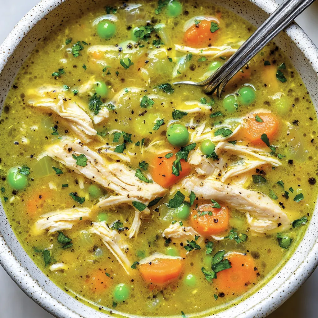 Schüssel mit Hühnersuppe und grünen Erbsen.
