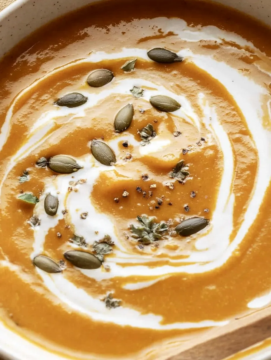 Eine Schale Suppe mit einem Kürbiskern oben drauf.