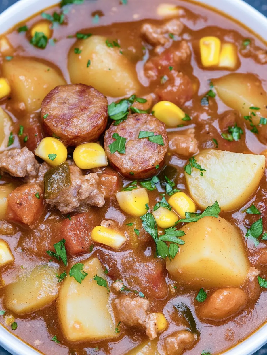 Eine Schale Suppe mit Wurst, Mais und Kartoffeln.