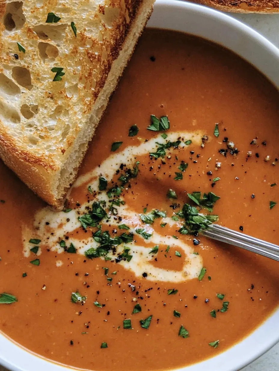 Eine Schale Suppe mit Brotstück darin.