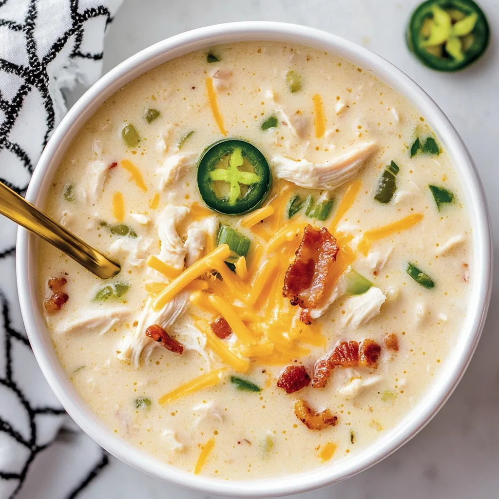 Eine Schale mit Hähnchensuppe, Käse und Jalapeños.