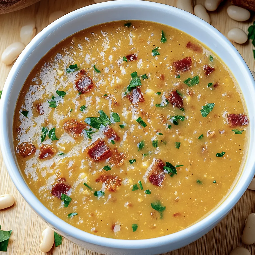 Eine Schale Suppe mit Speck und frischen Kräutern.