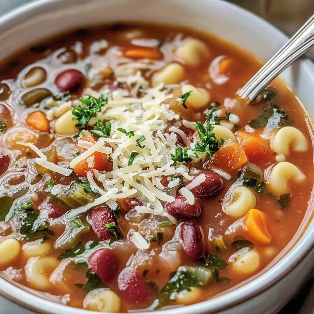 Eine Schüssel Suppe mit Käse und Bohnen.