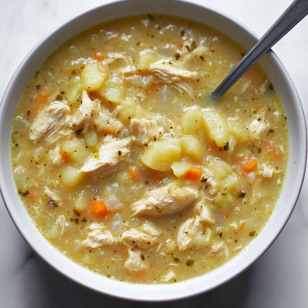 Suppe mit Huhn und Möhren in einer Schale.