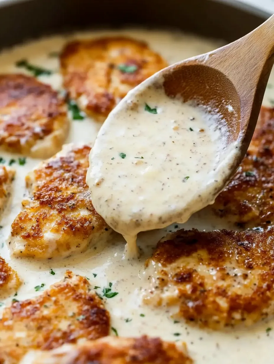 Ein Holzlöffel taucht in eine Schale mit Hähnchen und cremiger Soße.