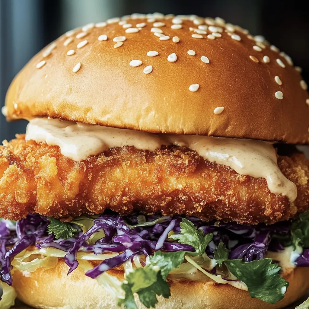 Ein Brötchen mit paniertem Hähnchenfilet, Salat und Mayo.