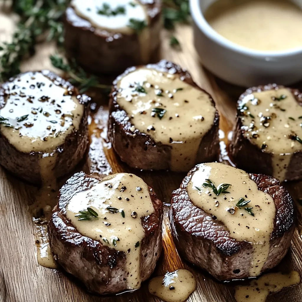 Steak mit Soße auf Holztisch.