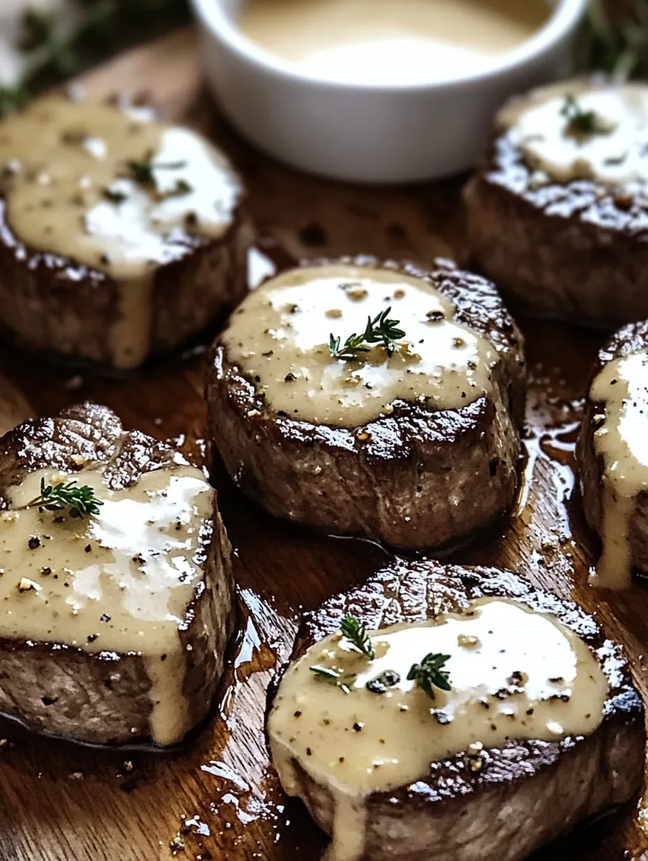 Steak mit Soße auf Holzbrett serviert.