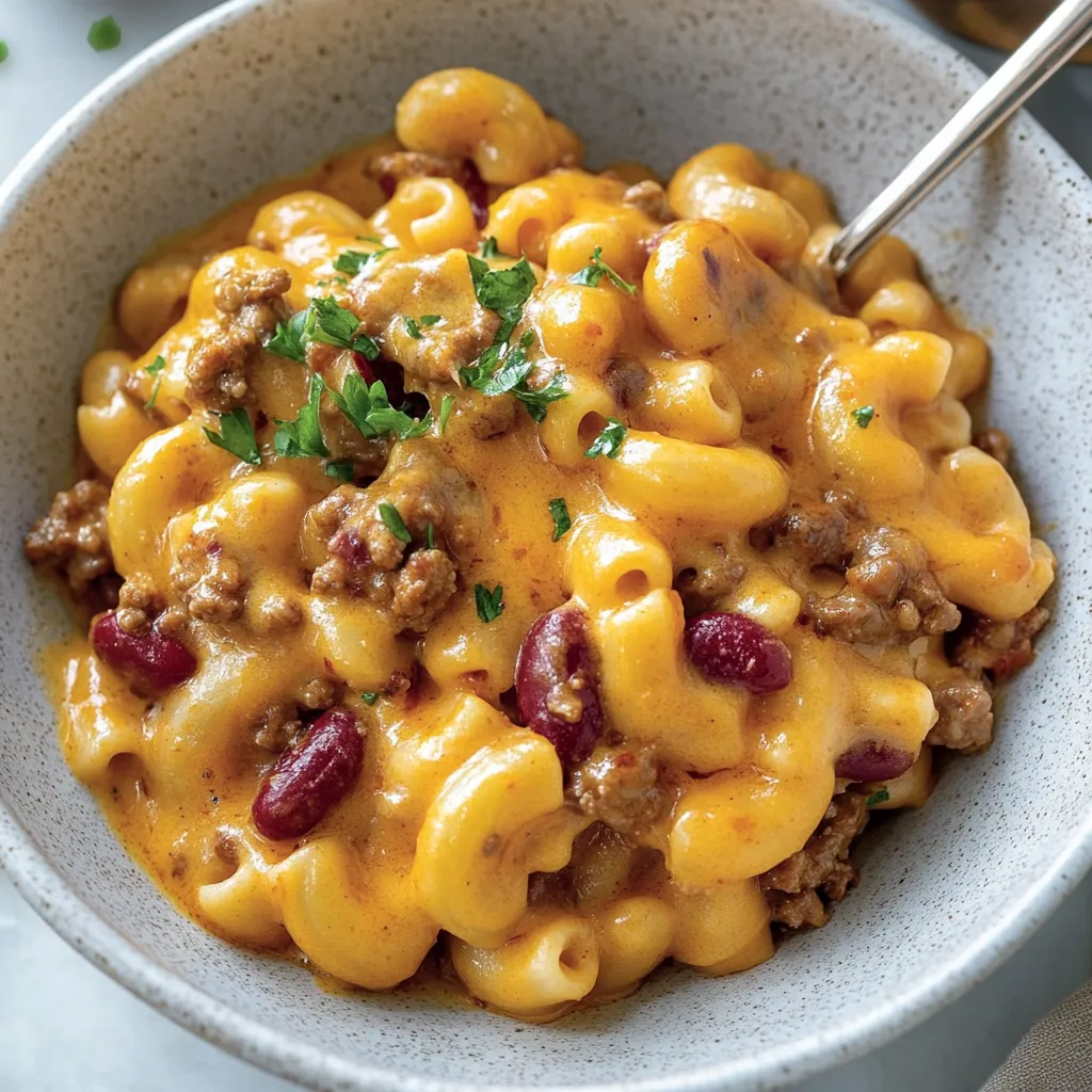 Eine Schüssel mit Makkaroni und Käse sowie Hackfleisch.